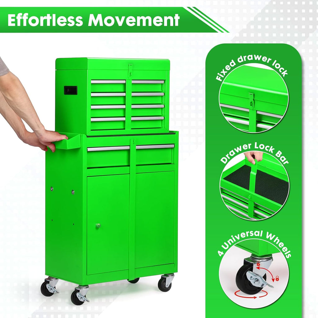 5-Drawer Rolling Tool Chest – 2-in-1 Lockable Tool Box with Wheels, Sliding Drawers & Detachable Top – Garage & Workshop Storage Cabinet, Green