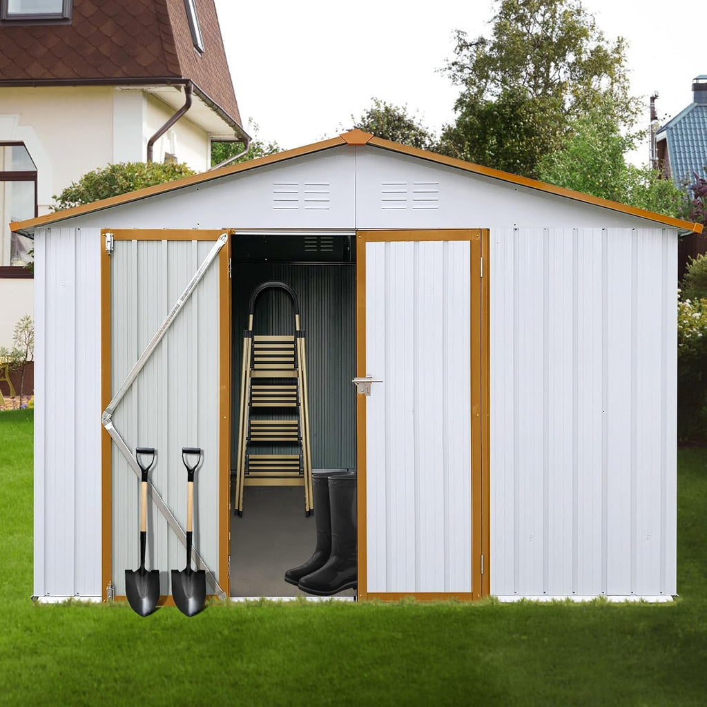 10x12 FT Outdoor Storage Shed, Metal Garden Shed with Lockable Hinged Doors, Large Storage Building with Sloped Roof & 4 Air Vents, Waterproof Outside Tool Shed for Backyard, Patio, Lawn, White+Yellow