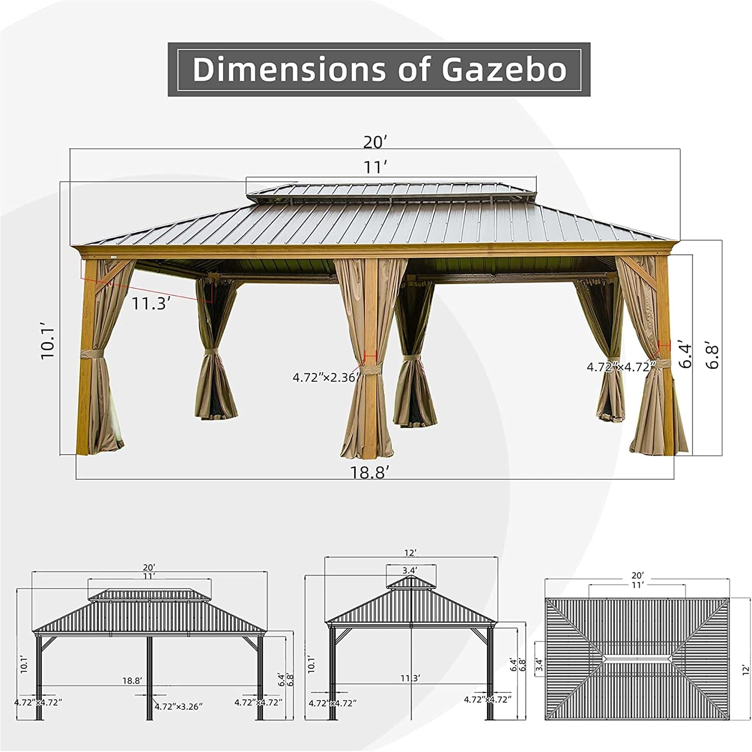 12x20Ft Hardtop Gazebo Wooden Coated Aluminum Frame Canopy Galvanized Steel Double Roof Outdoor Wood-Looking Permanent Metal Pavilion with Curtains and Netting for Patio Deck Lawn