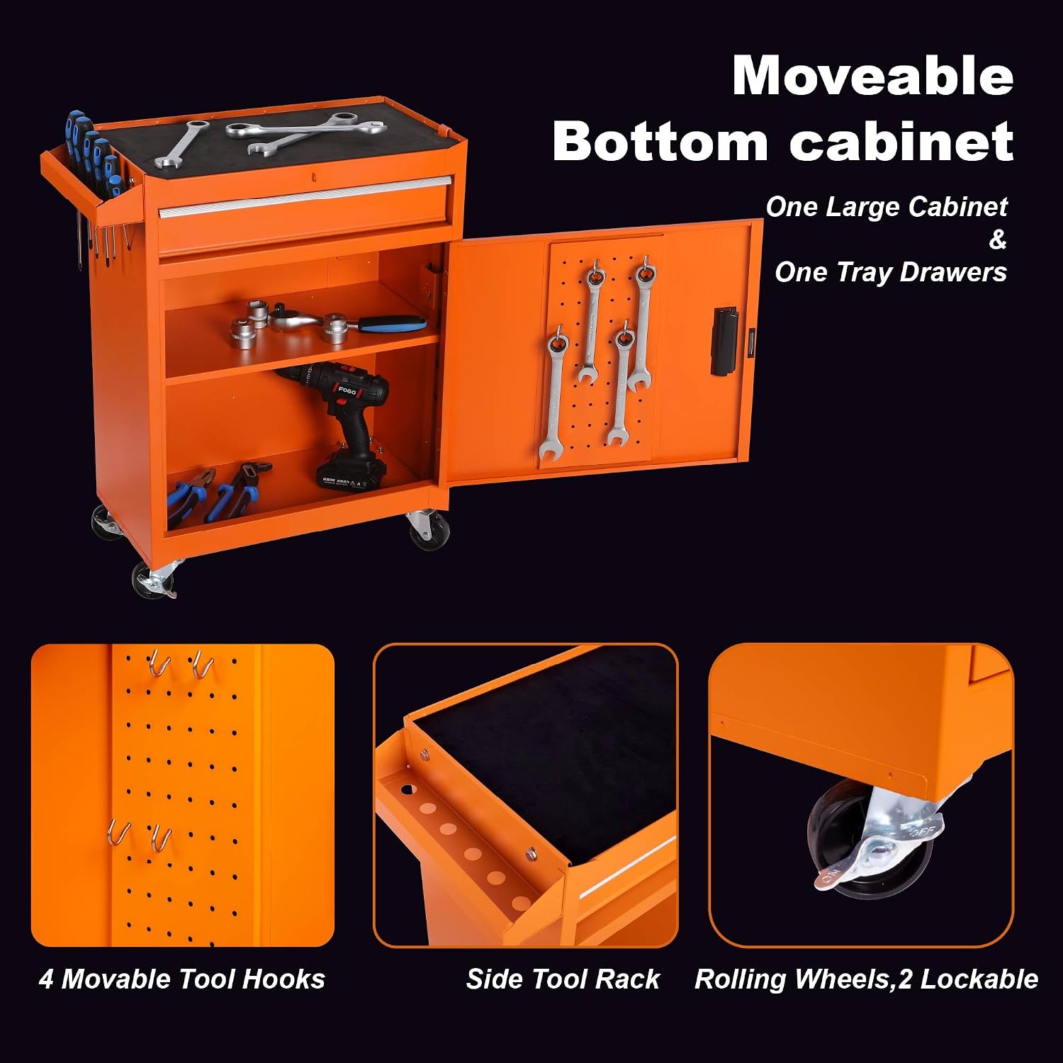 5 Drawers Tool Cart with Wheels & 1 Cabinet,Detachable Portable Top Box,Lock Rolling Tool Chest Trolley Organizer Set,Multifunctional Tool Box w/Storage Lockers for Garage & Workshop(Orange)