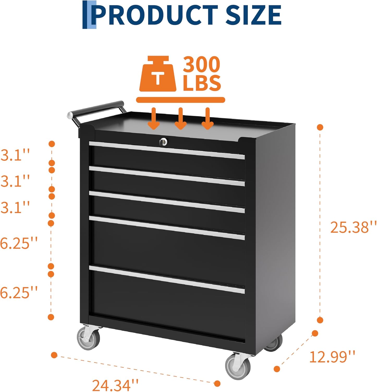 GarveeTech 5-Drawer Tool Chest, Rolling Tool Box with Wheels and Lock System, Portable Storage Rolling Tool Chest for Warehouse, Workshop & Repair Shop, Black