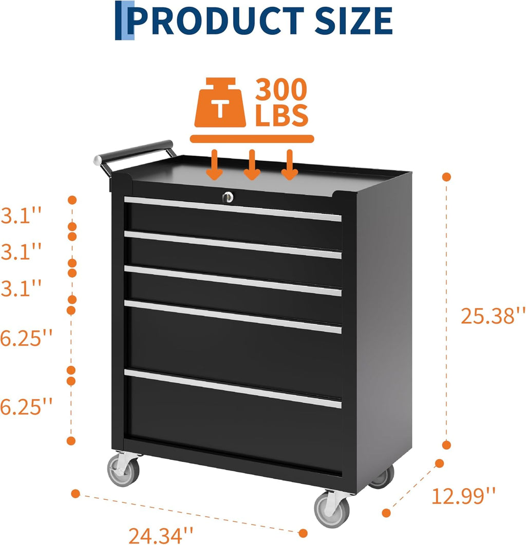 Rolling Tool Chest, 5 Drawers Tool Storage Cabinet with Wheels, Portable Tool Cabinet Organizer with Locking System & Drawer Liners,Universal Lockable Wheels, Tool Storage Cart for Garage, Workshop