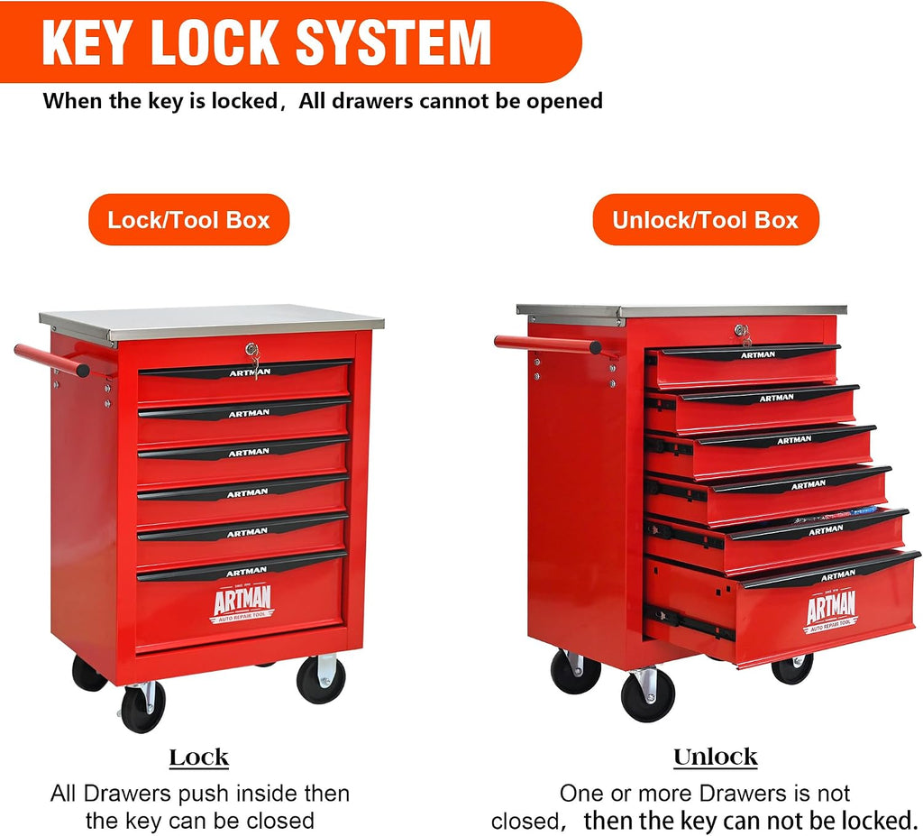 6 Drawers Rolling Tool Box on Wheels, Stainless Steel Countertop Tool Chest Cabinet with Lock, Drawers Rolling Tool Cart Trolley Organizer Tool Case for Garage,Warehouse (Red)