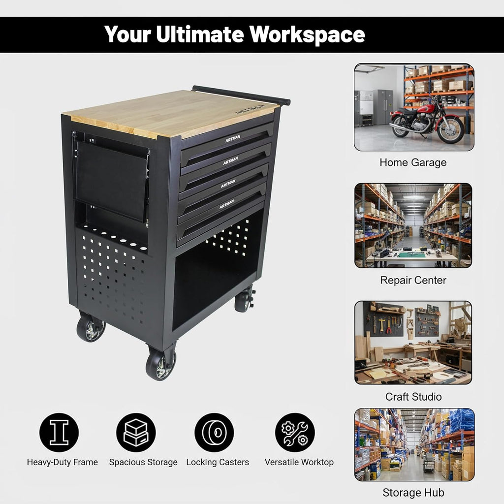 JOYBASE Rolling Tool Chest with 4 Drawers & Wood Top, Heavy Duty Steel Tool Cart on Wheels, Mobile Garage Organizer & Storage Cabinet for Workshop & Mechanic (Black)