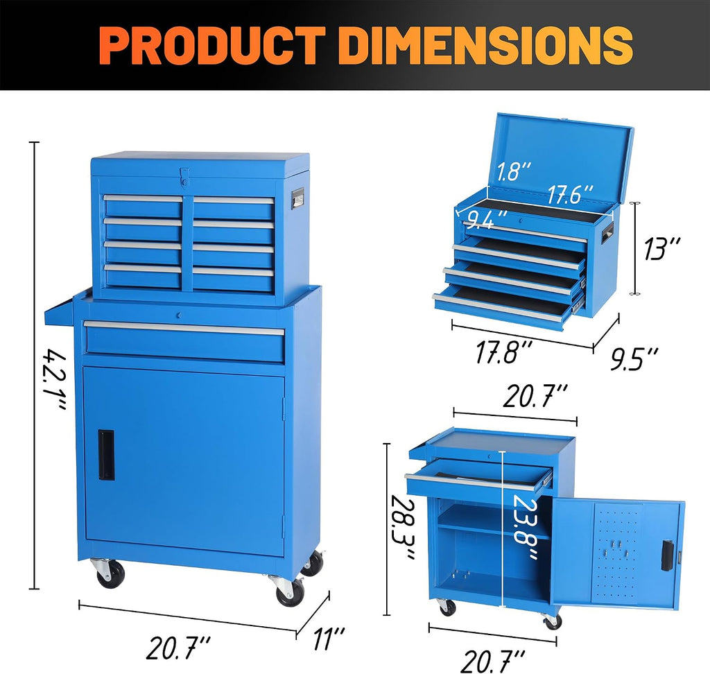 5 Drawers Tool Cart on Wheels with 1 Cabinet, Multifunctional Removable Rolling Tool Chest Storage Set, Tool Trolley Organizer Tool Box for Garage,Warehouse,Workshop,Repair Shop (Blue)