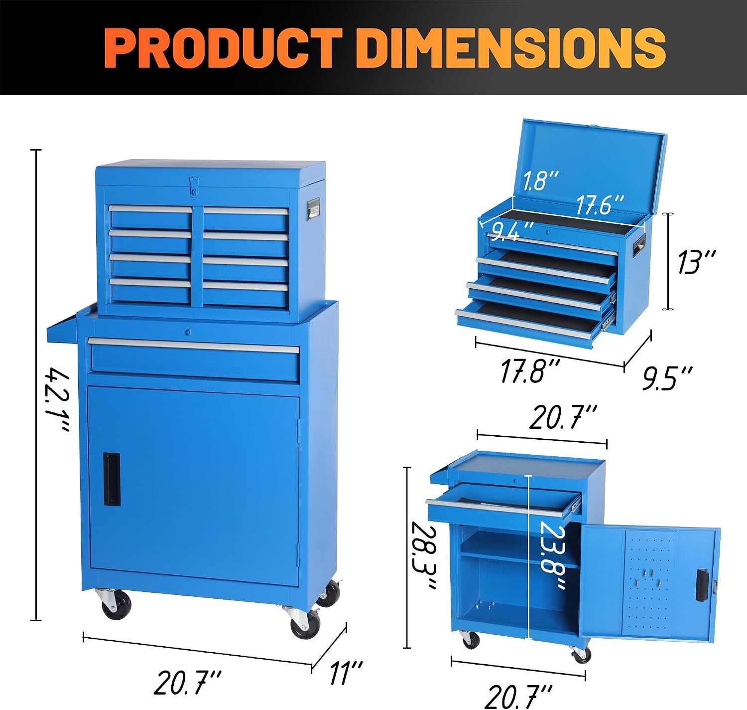5 Drawers Tool Cart on Wheels with 1 Cabinet, Multifunctional Removable Rolling Tool Chest Storage Set, Tool Trolley Organizer Tool Box for Garage,Warehouse,Workshop,Repair Shop (Blue)