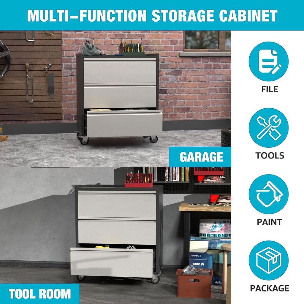 3 Drawer Rolling Garage Storage Cabinet, Small Metal Tool Cabinet with Drawer, Tool Chest & Cabinet for Workshop, Garden, Home, Office, Assembly Required, Black/Gray