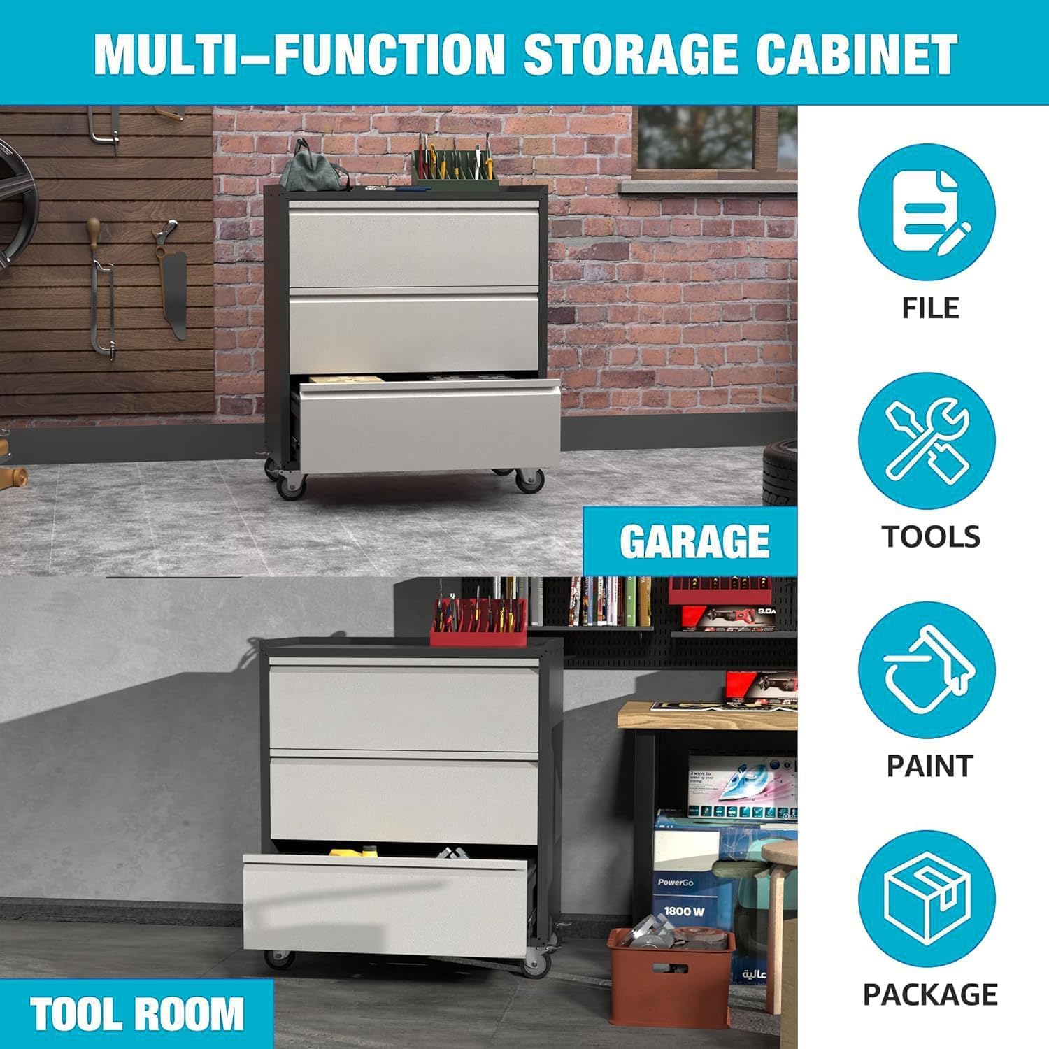 3 Drawer Rolling Garage Storage Cabinet, Small Metal Tool Cabinet with Drawer, Tool Chest & Cabinet for Workshop, Garden, Home, Office, Assembly Required, Black/Gray