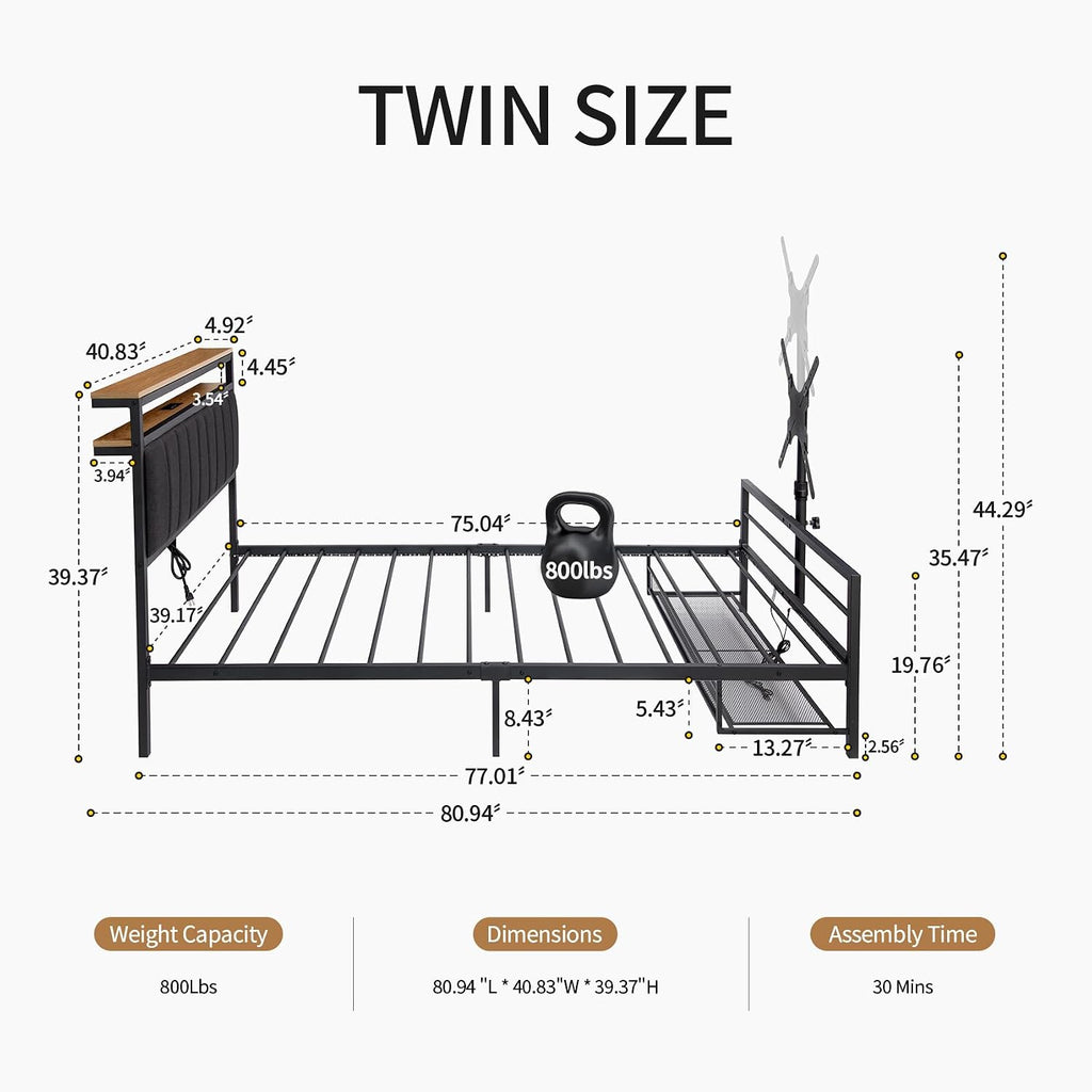 Twin Size Gaming Bed Frame with Storage Headboard,Black Metal Twin Bed Frame with LED Light Rotating TV Mount Charging Station,College Dorm Room Essential for Gaming Teen Boys Kids,Heavy Duty