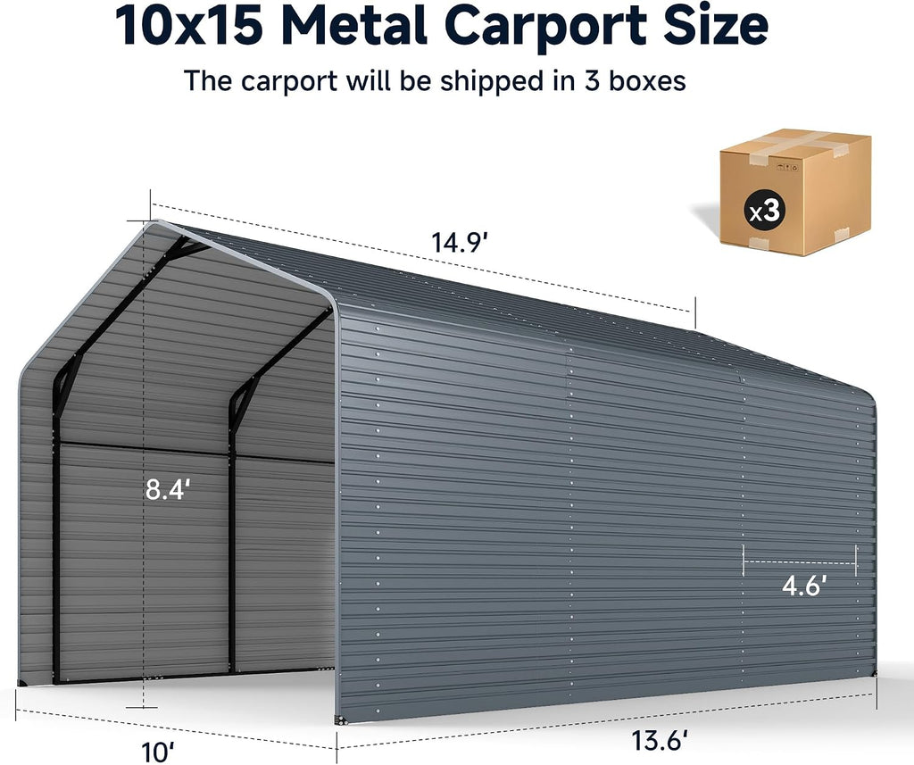 10x15FT Heavy Duty Metal Carport,Outdoor Garage with Metal Side Panels, Enclosed Car Ports with Heavy Duty Steel Frame and Galvanized Roof for Cars and Boats, Equipment Storage,Tools, Gray