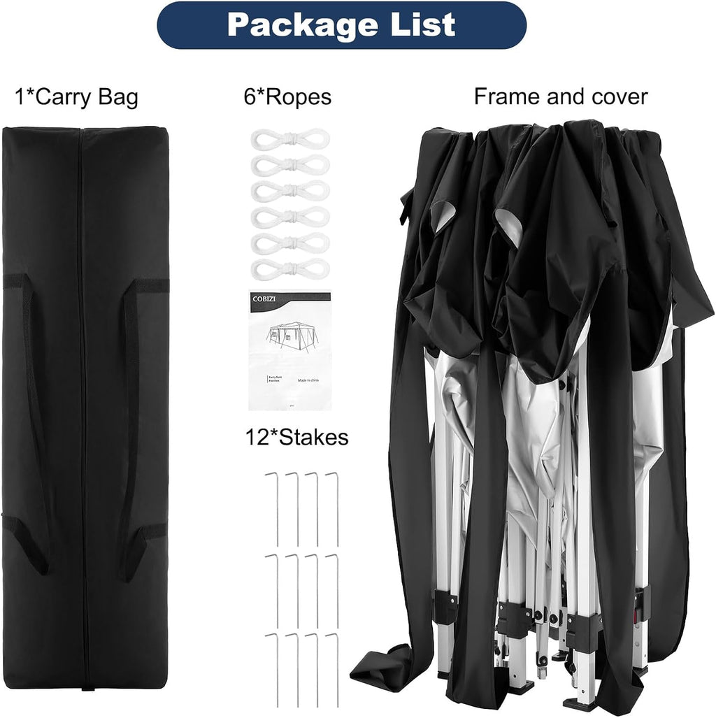 COBIZI 10x20 Pop Up Canopy Tent Party Tents for Parties Weddings Backyard Waterproof Outdoor Commercial Instant Canopy Event Tent with Stakes, Ropes,Sandbags, Black