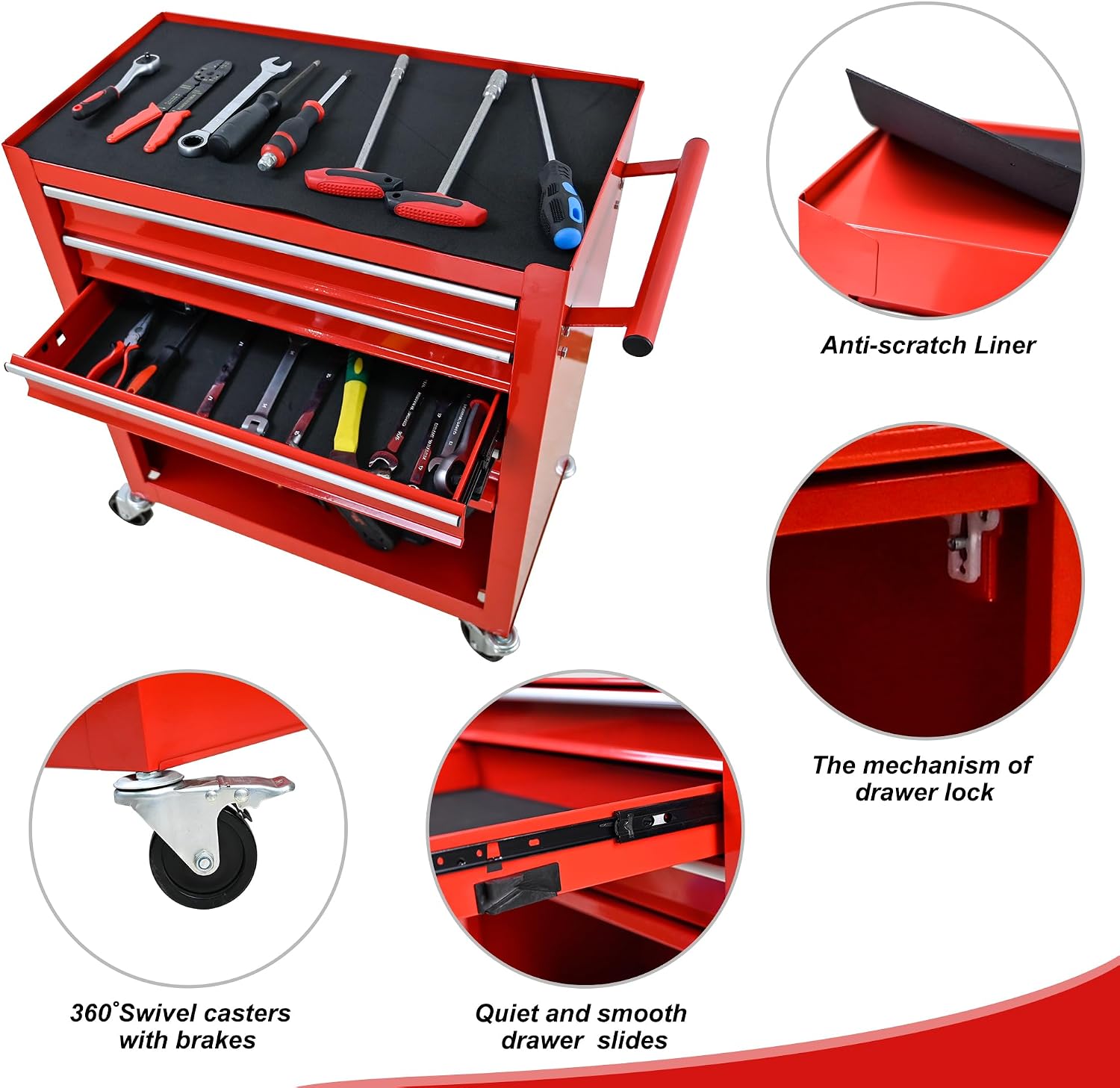 4 Drawers Tool Cart on Wheels, 4 Drawer Rolling Tool Chest, Trolley Organizer Tool Box Tool Case with 1 Cabinet, Multifunctional Tools Case for Garage,Warehouse,Workshop,Repair Shop (Red)