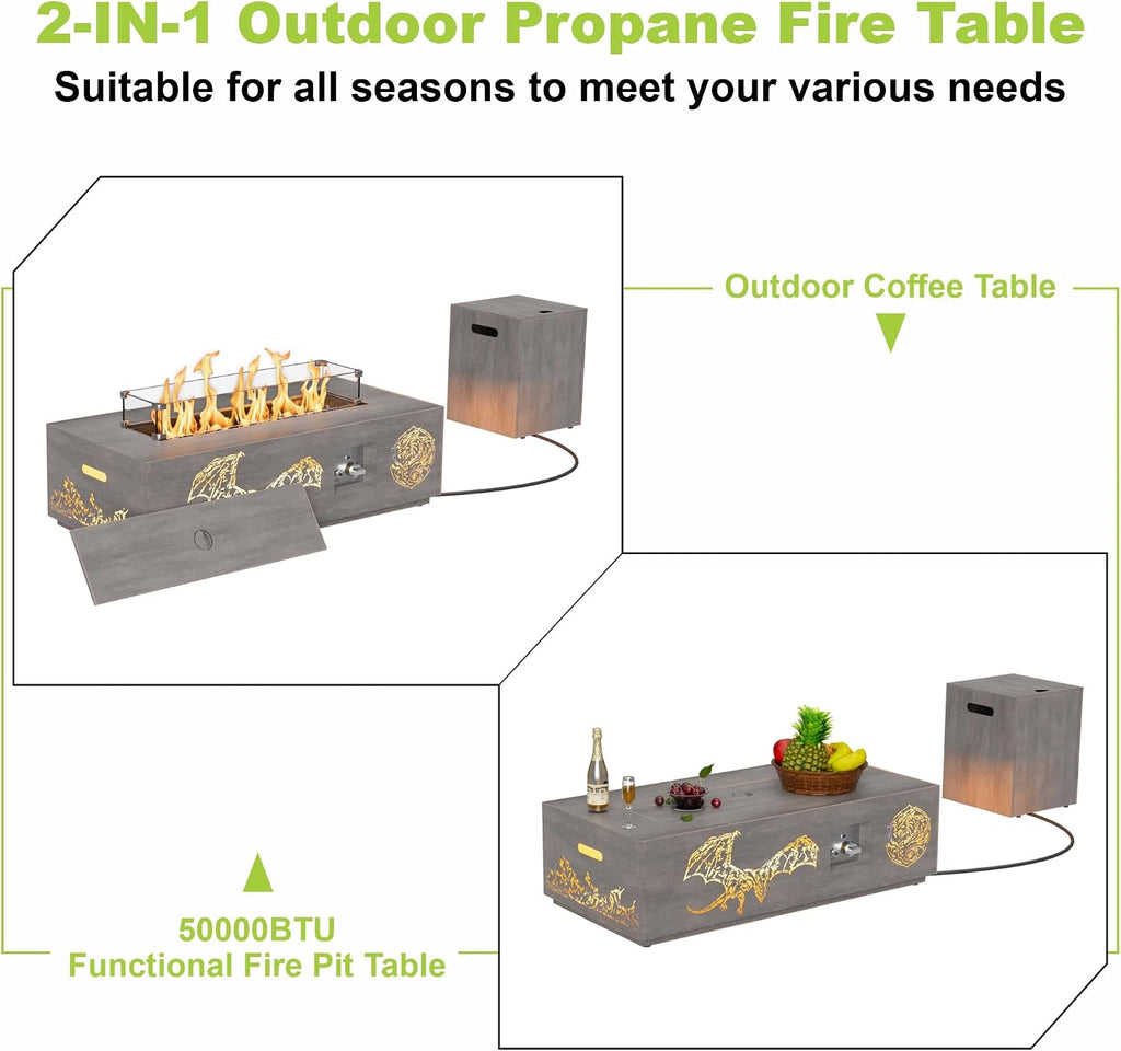 SUNPEAK 42' Propane Fire Pit table with LED Light - 50,000 BTU with Wind Guard, Lid, Rocks and Cover - Gas Fire Pits for Outside Patio - Fire Pit Tables for Outside Patio (Grey/Dragon Cutout, 42' LED)