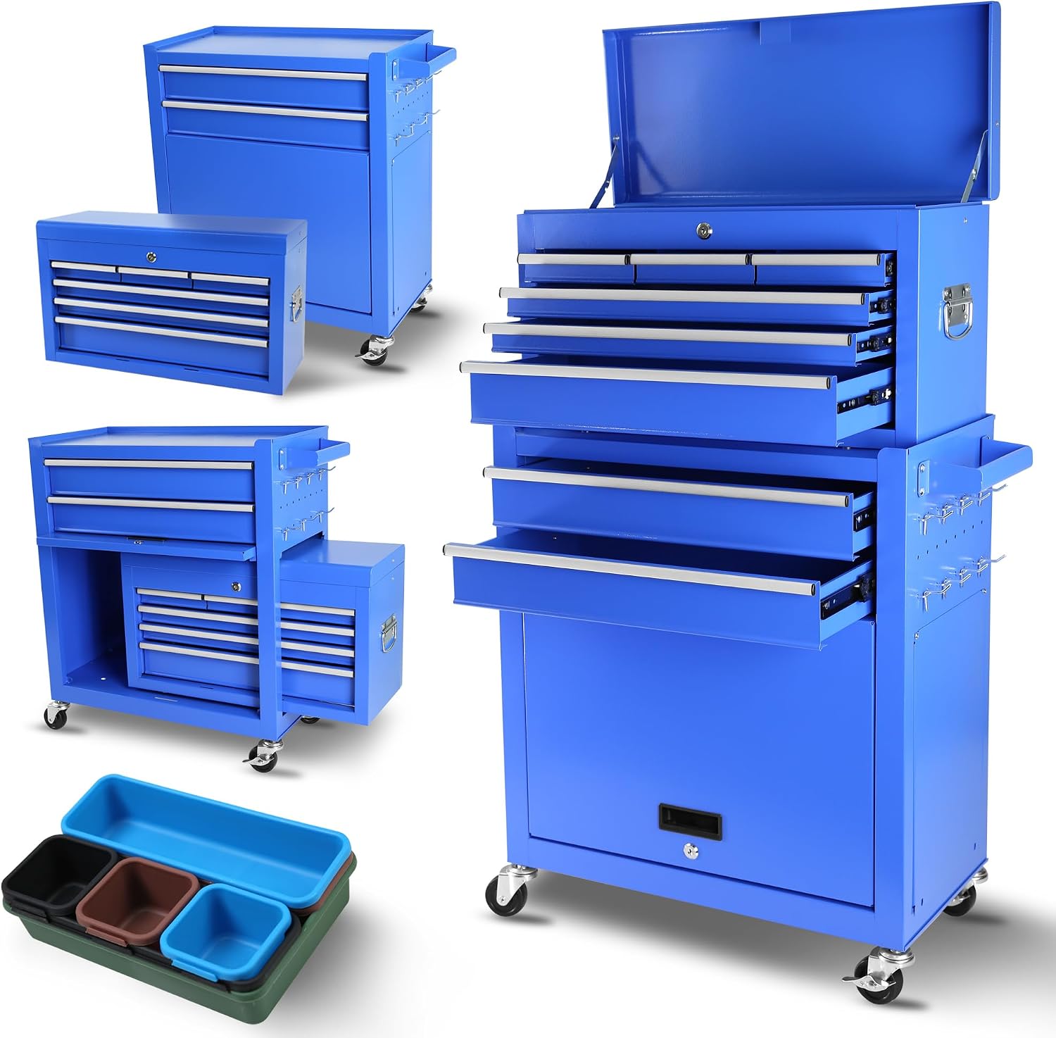HRVEOCEI Rolling Tool Chest with Drawers, Metal Tool Cabinet on Wheels with Detachable Top Tool Box, 5-Drawer Tool Cart with Adjustable Shelf and Locking Mechanism (8-Drawer Blue)
