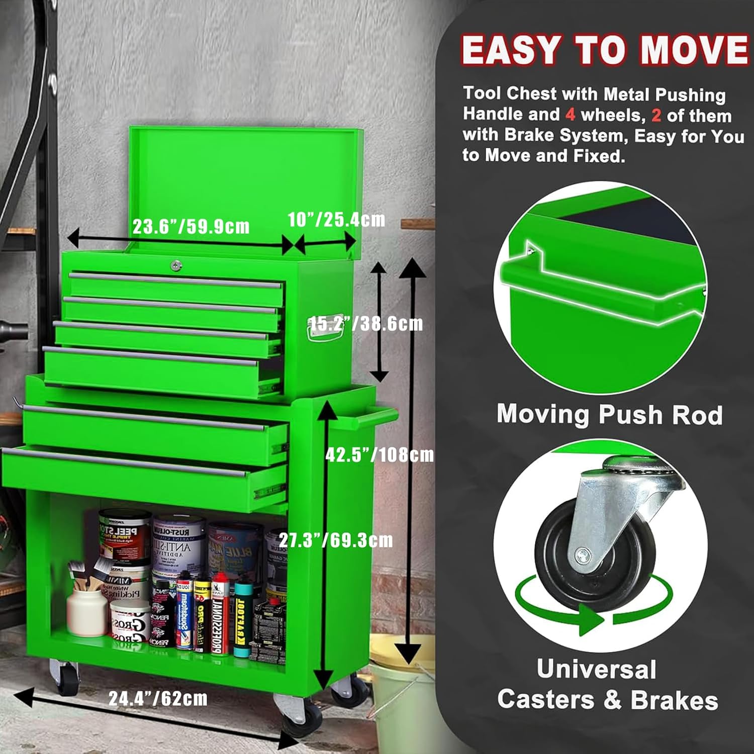 Dawmilon 8-Drawer Rolling Tool Chest, 2-in-1 Detachable Tool Box Cabinet with Wheels, Lockable Metal Tool Storage with Liners for Garage Workshop, Green