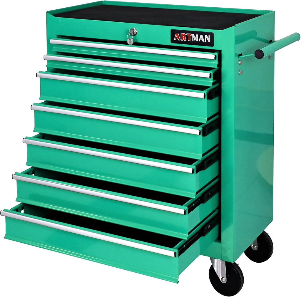 7 Drawers Tool Cart on Wheels, 7 Drawer Rolling Tool Chest with Key Lock, Trolley Organizer Tool Case, Multifunctional Rolling Tool Box for Garage,Warehouse,Workshop,Repair Shop (Green)