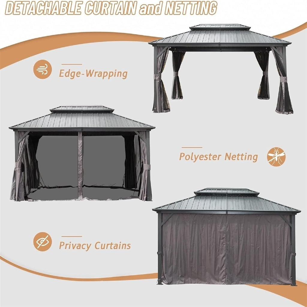 1 Pieces Outdoor Patio Canopy, Hardtop Gazebo 12x16 Gray Aluminum with Galvanized Steel Double Roof Canopy, Curtain and Netting