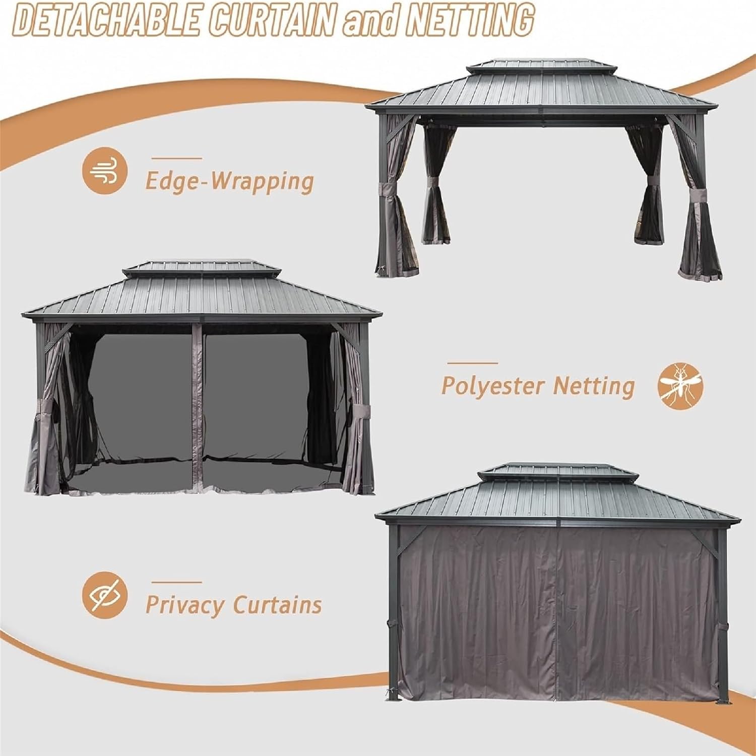 1 Pieces Outdoor Patio Canopy, Hardtop Gazebo 12x16 Gray Aluminum with Galvanized Steel Double Roof Canopy, Curtain and Netting