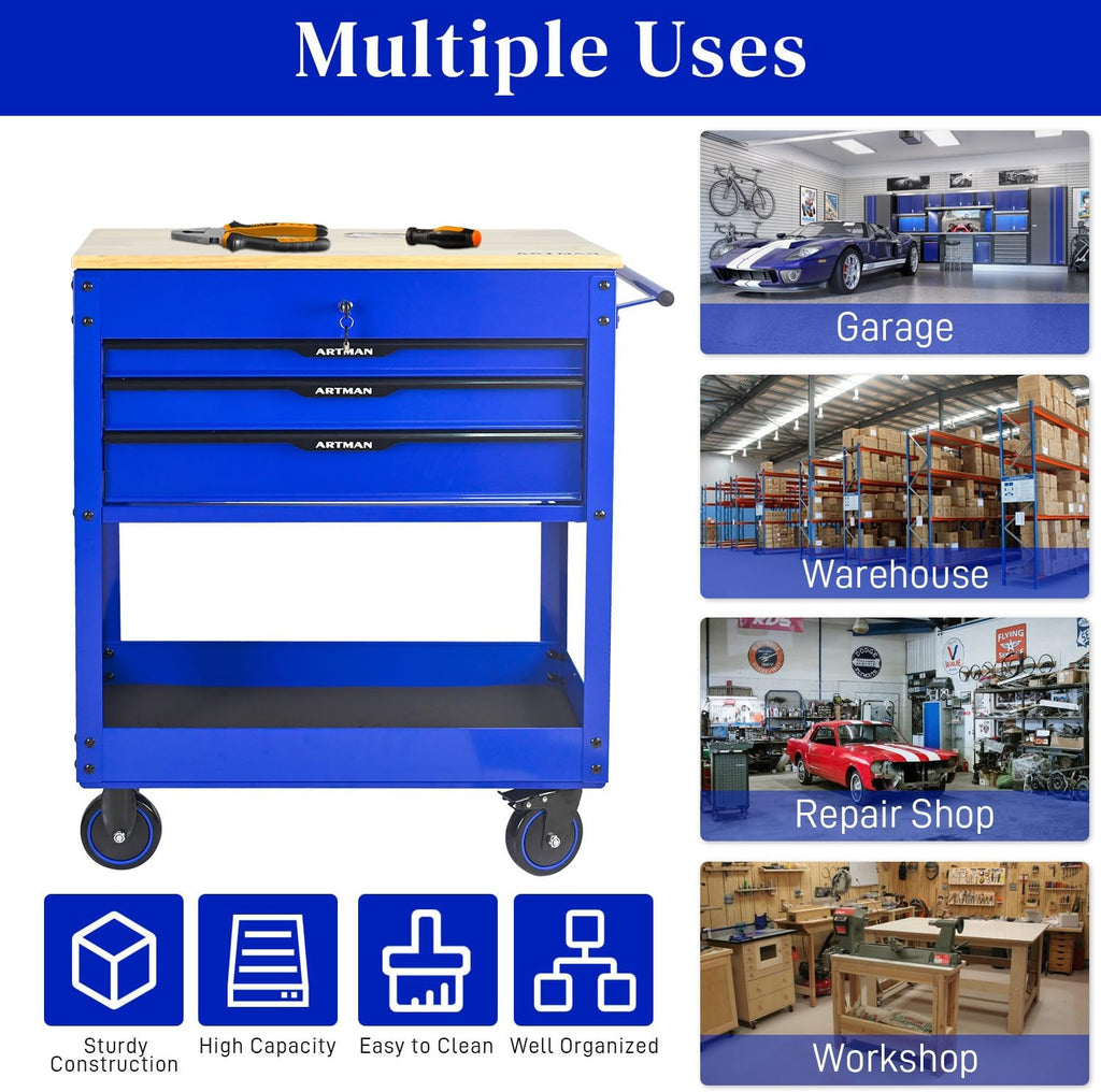 Rolling Cart With 3-Drawer Utility Box, Wheels, Wood Top - Mechanic Storage Organizer Cabinet for Garage, Warehouse, Workshop, Repair Shop - Blue