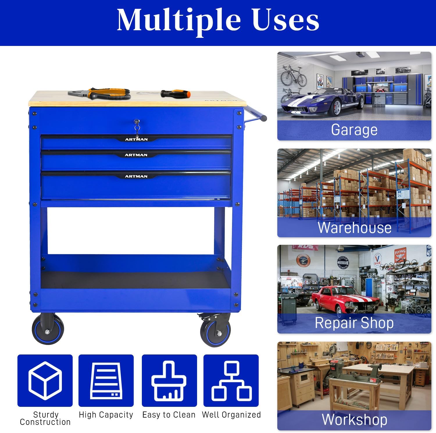 Rolling Cart With 3-Drawer Utility Box, Wheels, Wood Top - Mechanic Storage Organizer Cabinet for Garage, Warehouse, Workshop, Repair Shop - Blue