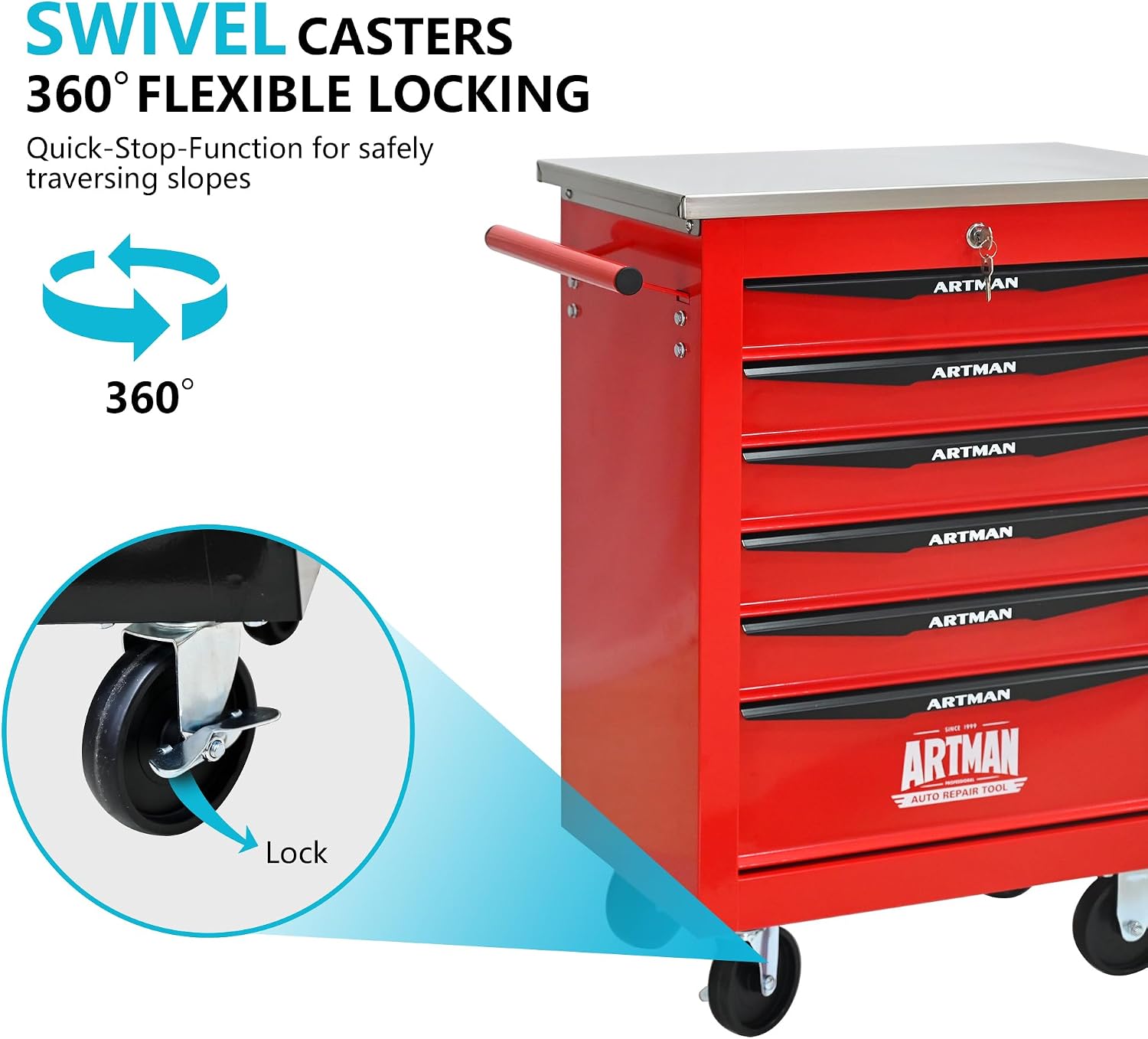 6 Drawers Rolling Tool Box on Wheels, Stainless Steel Countertop Tool Chest Cabinet with Lock, Drawers Rolling Tool Cart Trolley Organizer Tool Case for Garage,Warehouse (Red)