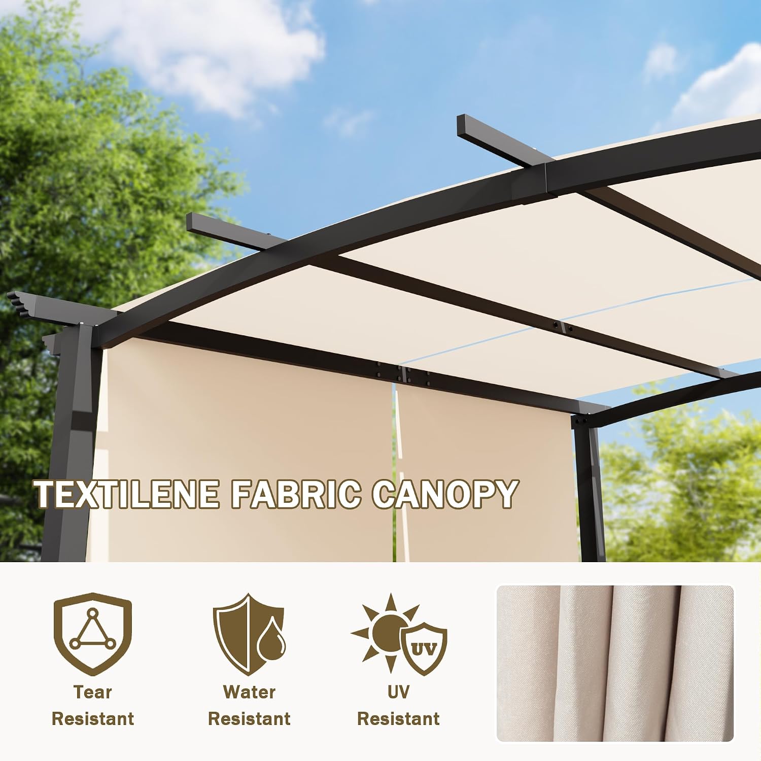 10' x 10' Arched Top Outdoor Pergola, Pergola Canopy with with Adjustable and Retractable Canopy for Patio Use, Metal Pergola with Durable and Sturdy Frame & Water-Resistant Canopy, Beige