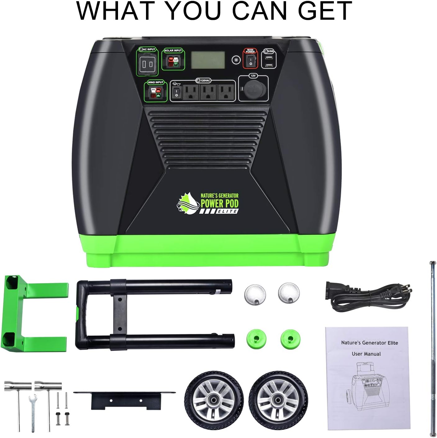 Nature's Generator Elite with Cart -3600w Solar and Wind Powered Generator in Quiet Operation with 12V DC port,2 USB ports,3 AC outlets and 120V 30amp pure sine wave AC outlet HKNGGNEL