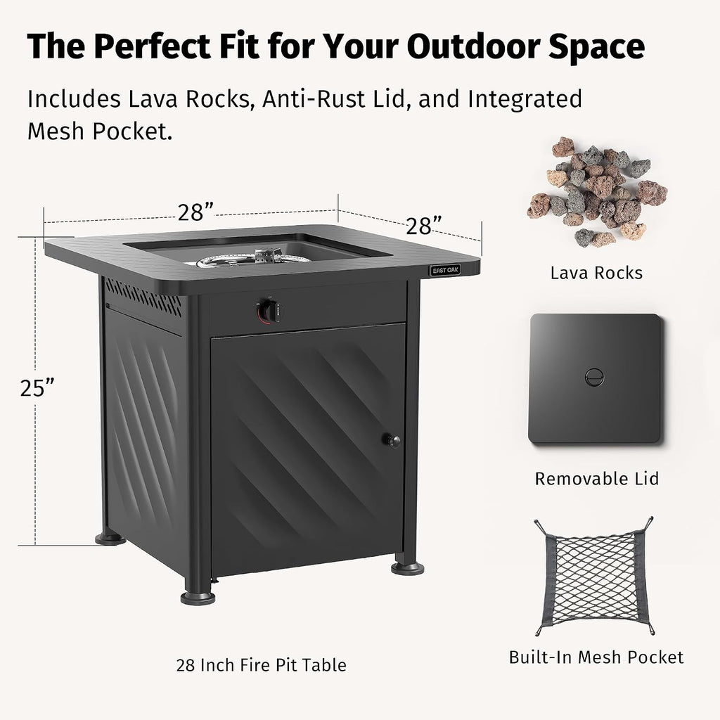 East Oak 28' Outdoor Propane Fire Pit Table | 52,000 BTU Gas Fire Pit for Outside with Easy-Hook Lid, Mesh Pocket & Lava Rocks | CSA Certified | Ideal for Patio, Garden & Backyard | Black