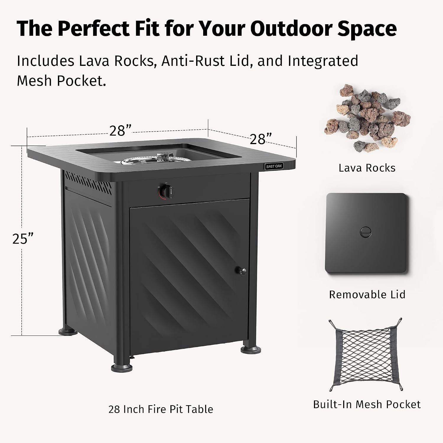 East Oak 28' Outdoor Propane Fire Pit Table | 52,000 BTU Gas Fire Pit for Outside with Easy-Hook Lid, Mesh Pocket & Lava Rocks | CSA Certified | Ideal for Patio, Garden & Backyard | Black