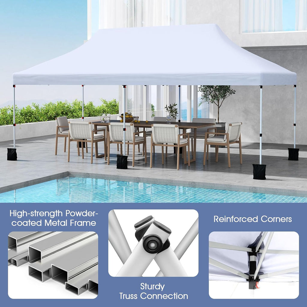 Tangkula 10x20 Ft Pop Up Canopy, Instant Setup Tent with 6 Sandbags, 12 Stakes & 6 Ropes, UPF 50+ Portable Outdoor Canopy Tent with Carrying Bag for Camp, Beach, Patio (White)