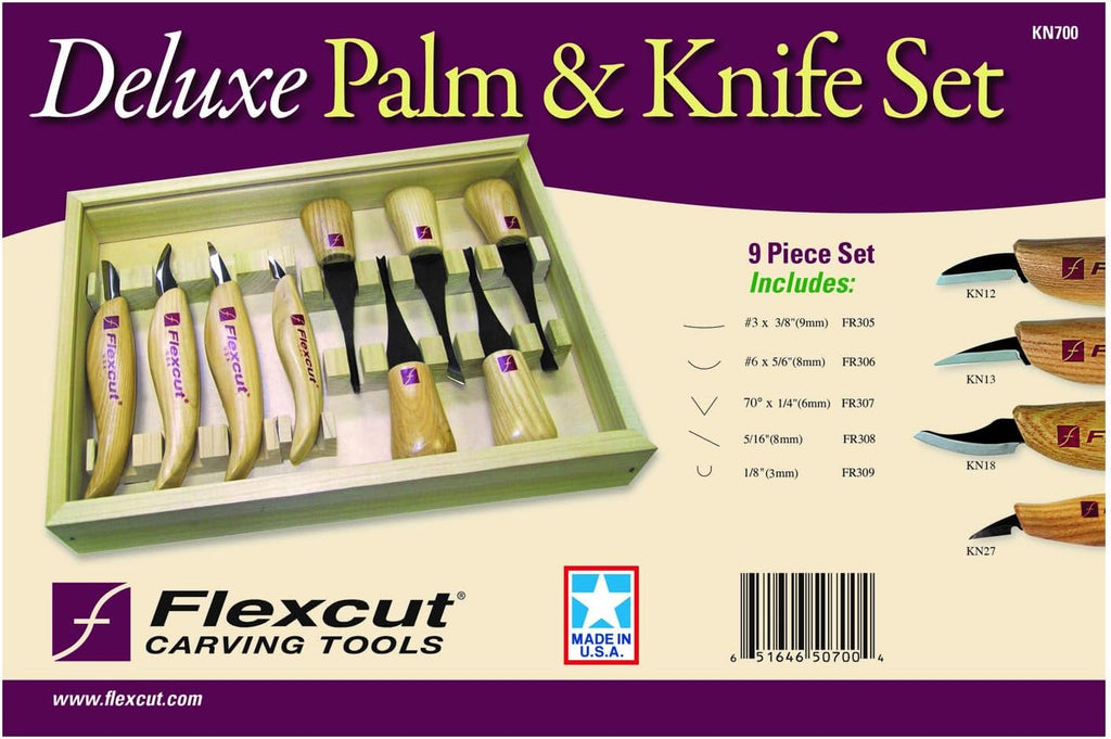 Flexcut Wood Carving Tools | Deluxe Palm & Knife Set | Includes 4 Carving Knives and 4 Palm Tools | 1095 High Carbon Steel Blades | Ash Hardwood Handles | KN700 | Made in the U.S.A.