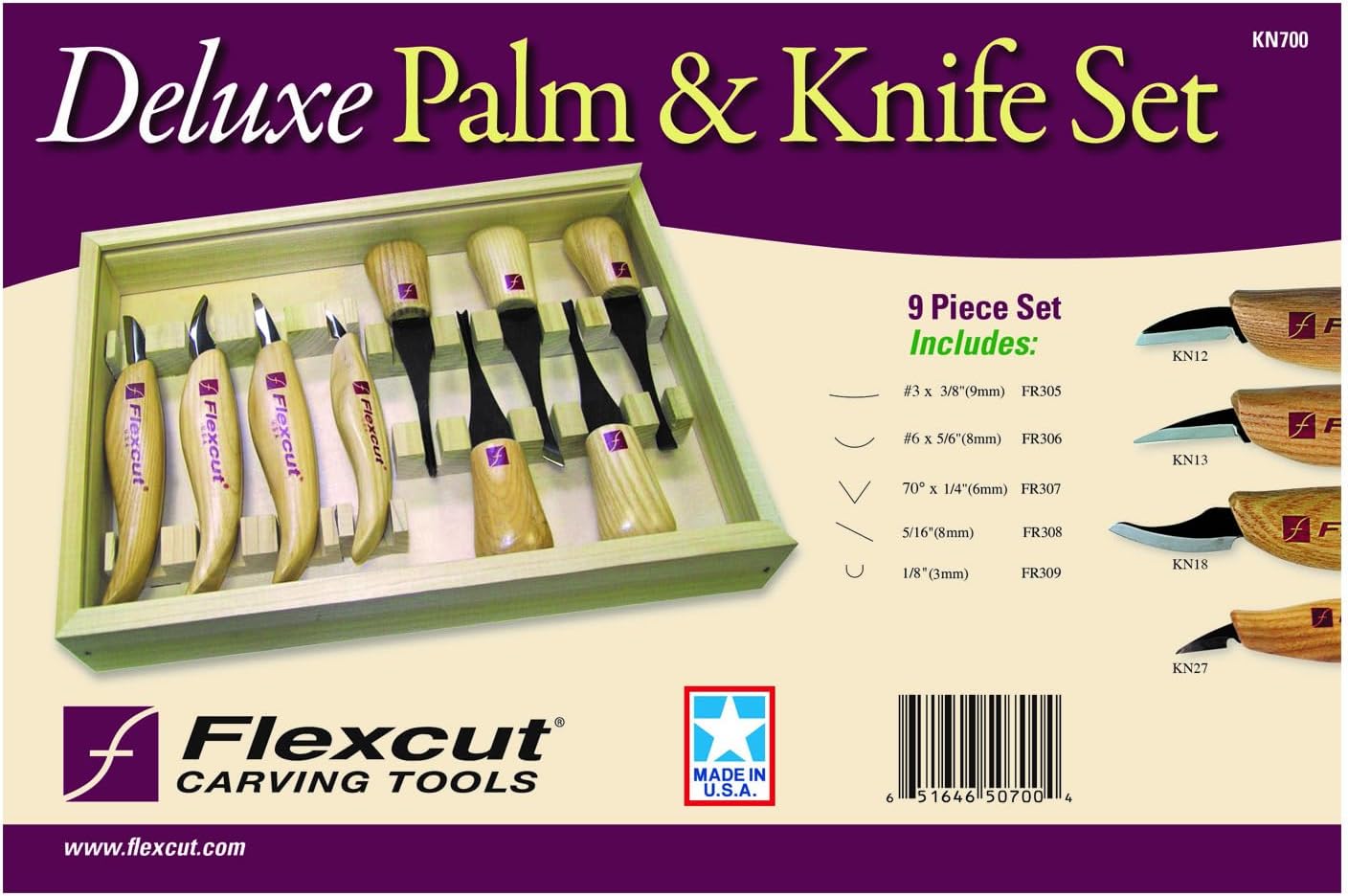 Flexcut Wood Carving Tools | Deluxe Palm & Knife Set | Includes 4 Carving Knives and 4 Palm Tools | 1095 High Carbon Steel Blades | Ash Hardwood Handles | KN700 | Made in the U.S.A.