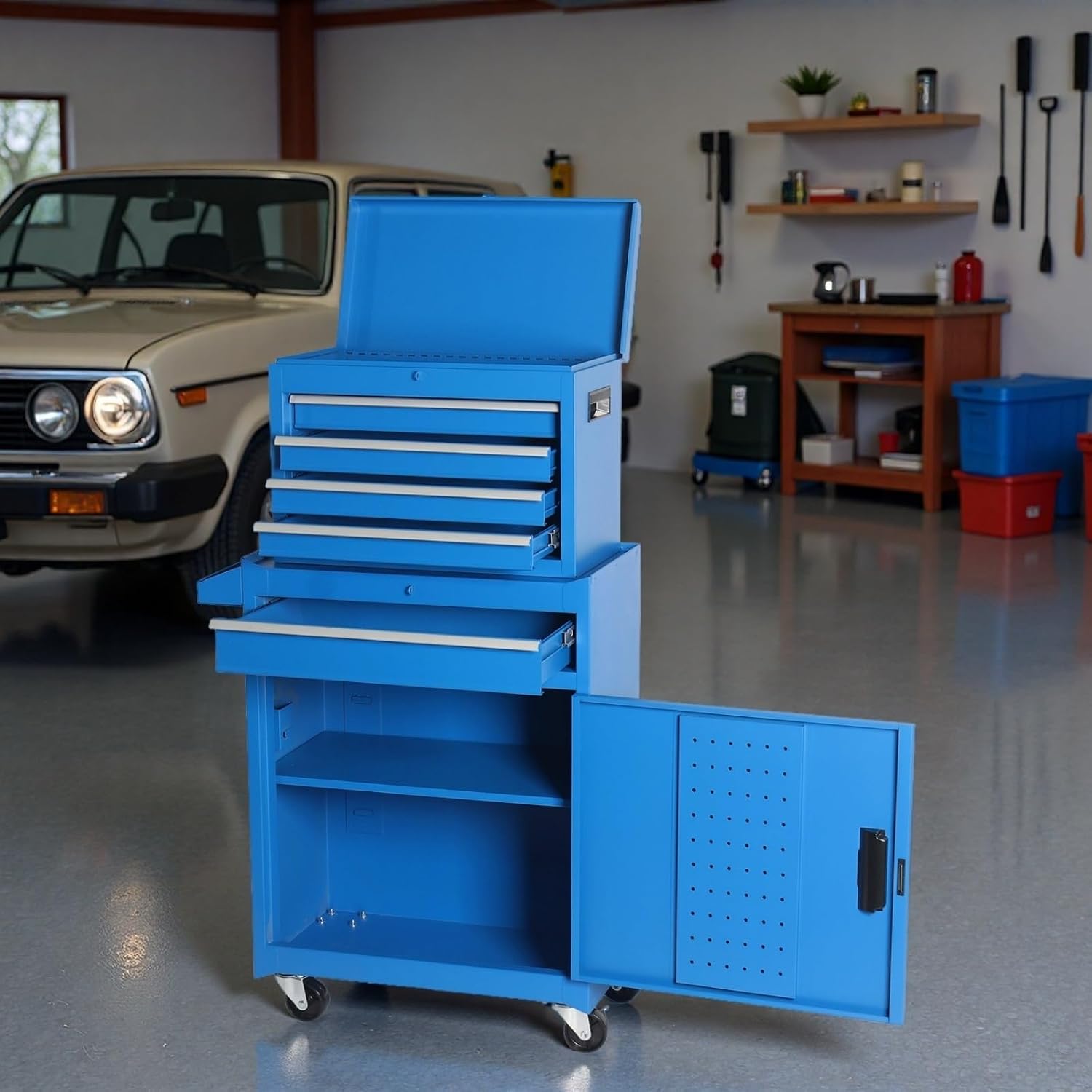 Tool Chest, 5-Drawers Rolling Tool Storage Cabinet with Detachable Top, Lockable Wheels, Adjustable Shelf & Locking Mechanism, Multifunctional Tool Cart for Garage Workshop, Blue