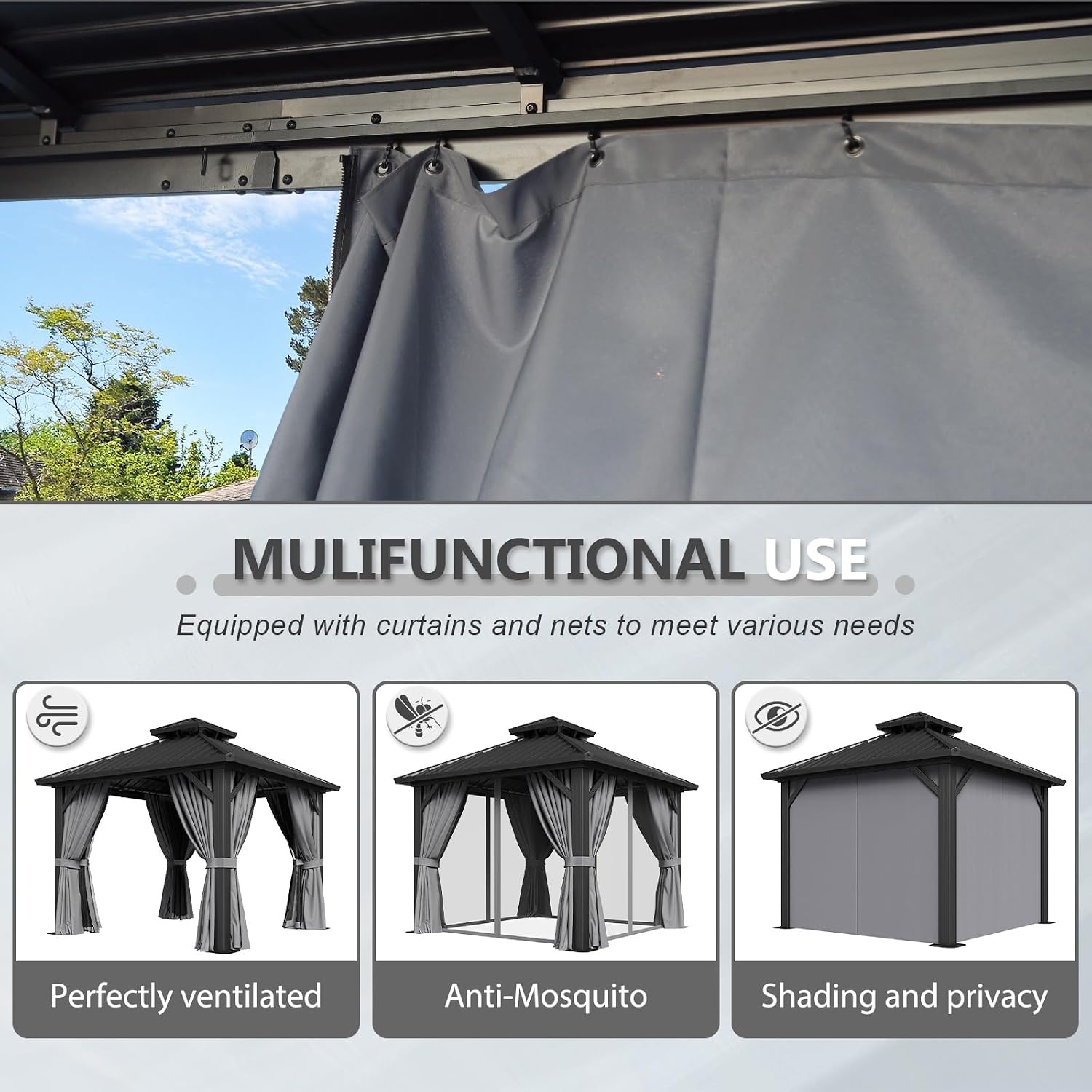 Aoxun 10Ft X 10Ft Hardtop Gazebo, Aluminum Metal Outdoor Gazebo with Breathable Netting and Curtains, Galvanized Steel Double Top, Permanent Patio Pavilion for Backyard, Wedding, Party