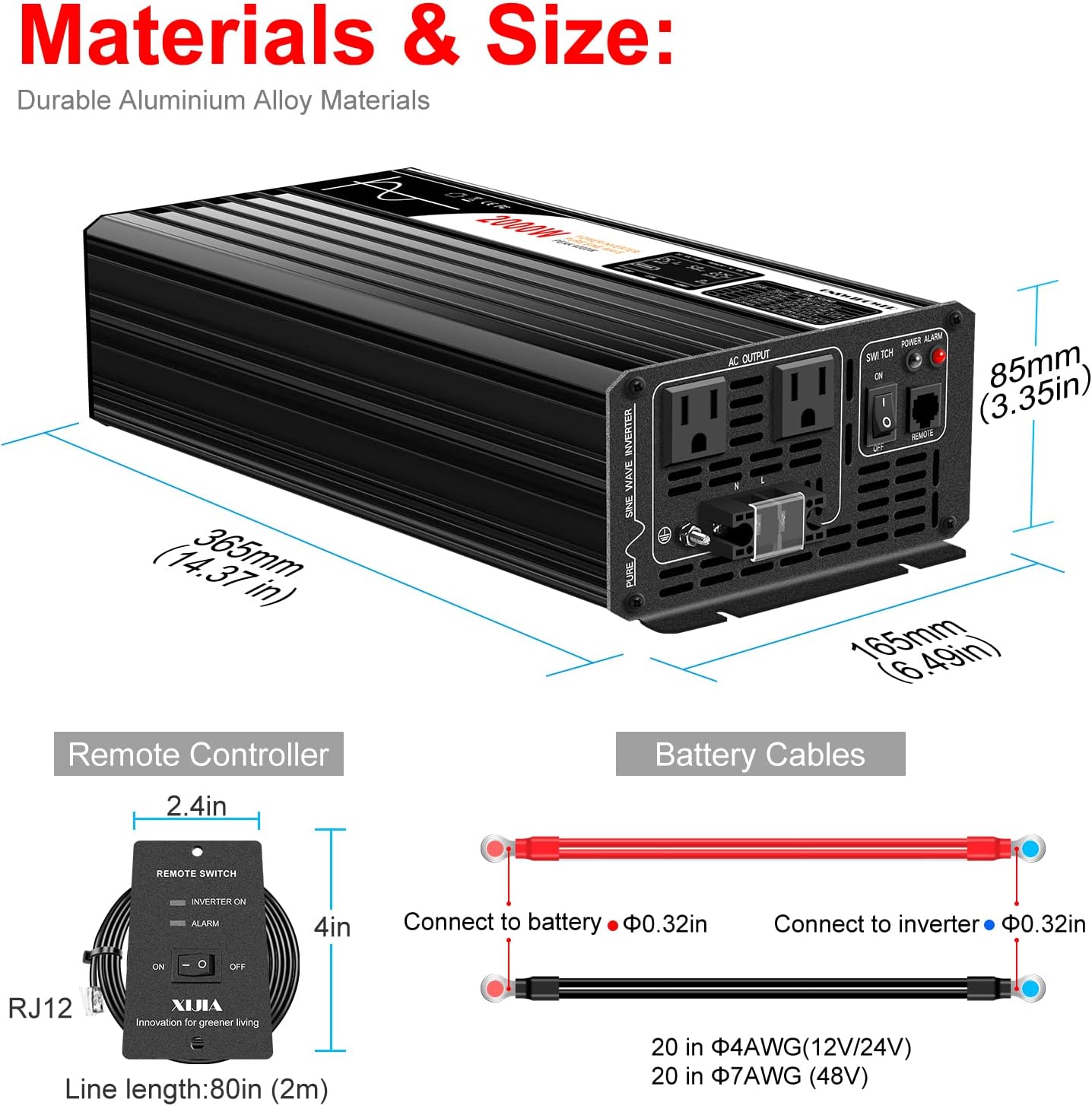 Xijia 2000W Pure Sine Wave Inverter，12V to 120V AC Converter for Home，Solar Systems，Remote and Bluetooth Control for Truck，Camping，with 2 AC Socket，Surge Power 4000W