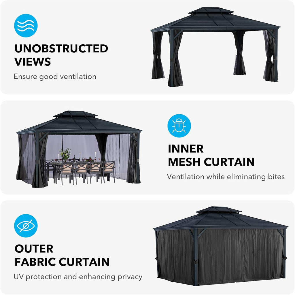 LeDoasis Nova 12' X 14' Hardtop Gazebo, Permanent Aluminum Metal Canopy with Galvanized Steel Double Roof, for Patio Lawn and Garden, Curtains and Netting Included