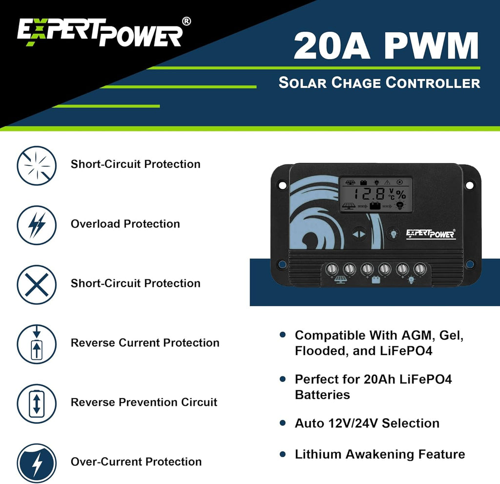 ExpertPower Solar Panel Kit | 200-watt 12-Volt Mono Solar Panel + 20A 12V/24V Solar Charge Controller, for RV, Marine, Cabin, Off-Grid DIY, Solar Projects and More