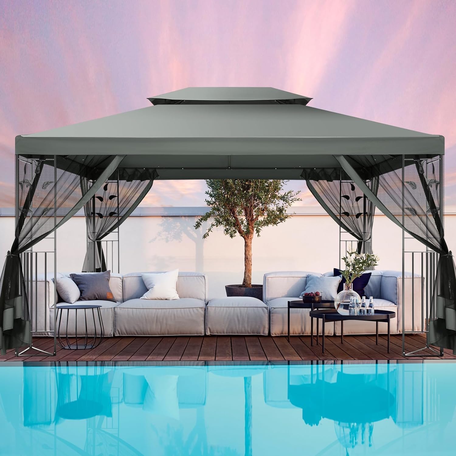 COBIZI 10x13 Gazebo on Clearance, Outdoor Gazebo with Mosquito Netting and Double Roof, Metal Gazebo with Aluminum Frame, Easy Set Waterproof Patio Gazebo for Patios, Gardens, Lawns & Backyard, Gray