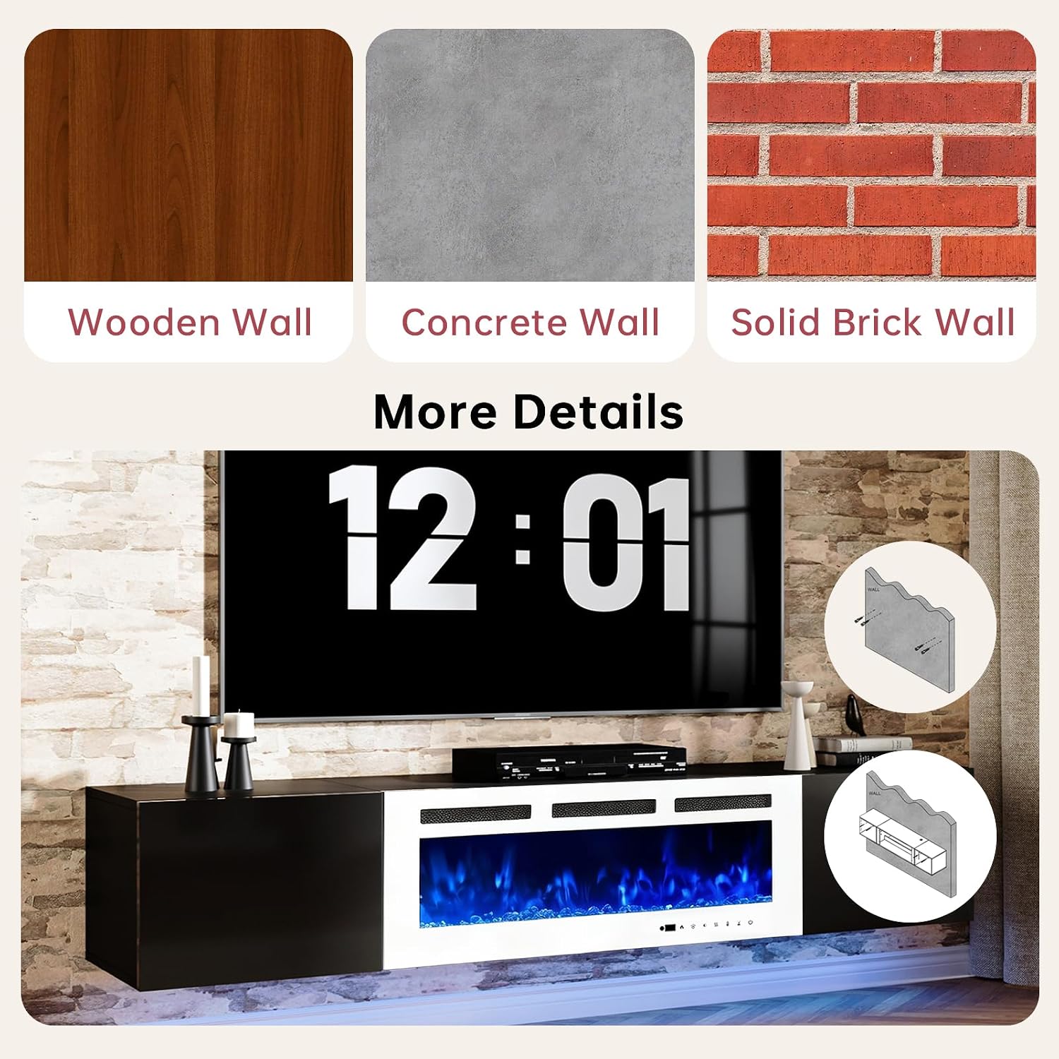 oneinmil 80' Floating TV Stand with 40' Electric Fireplace, Modern Entertainment Center with Storage, Adjustable 12-Color LED Lights, Fire Place TV Console for Living Room, Black+White
