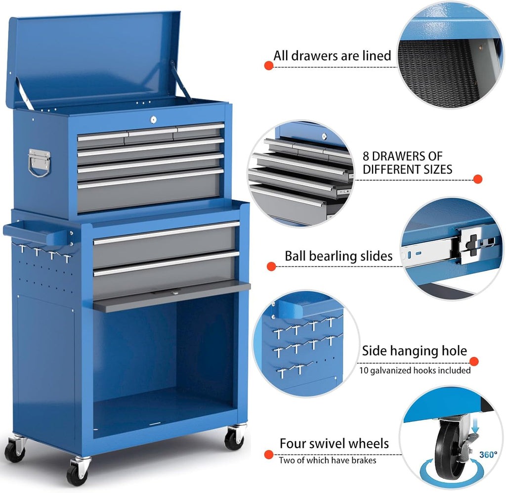 Tool Chest 8-Drawer | 42'' Large Rolling Tool Chest with Wheels | Detachable Top Metal Tool Box | Garage Storage Cabinet for Repair Room,Warehouse | Rolling Tool Box with Hooks,Liners,Tray Divider