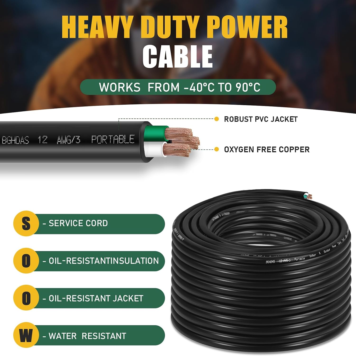 100ft 12/3 12 AWG Portable Power Cable (3 Conductor) - SOOW 600V 12 Gauge Electric Wire for Generator, Portable Lights, RV/EV Car Battery Chargers and Machinery - 100 Feet Electrical Cord