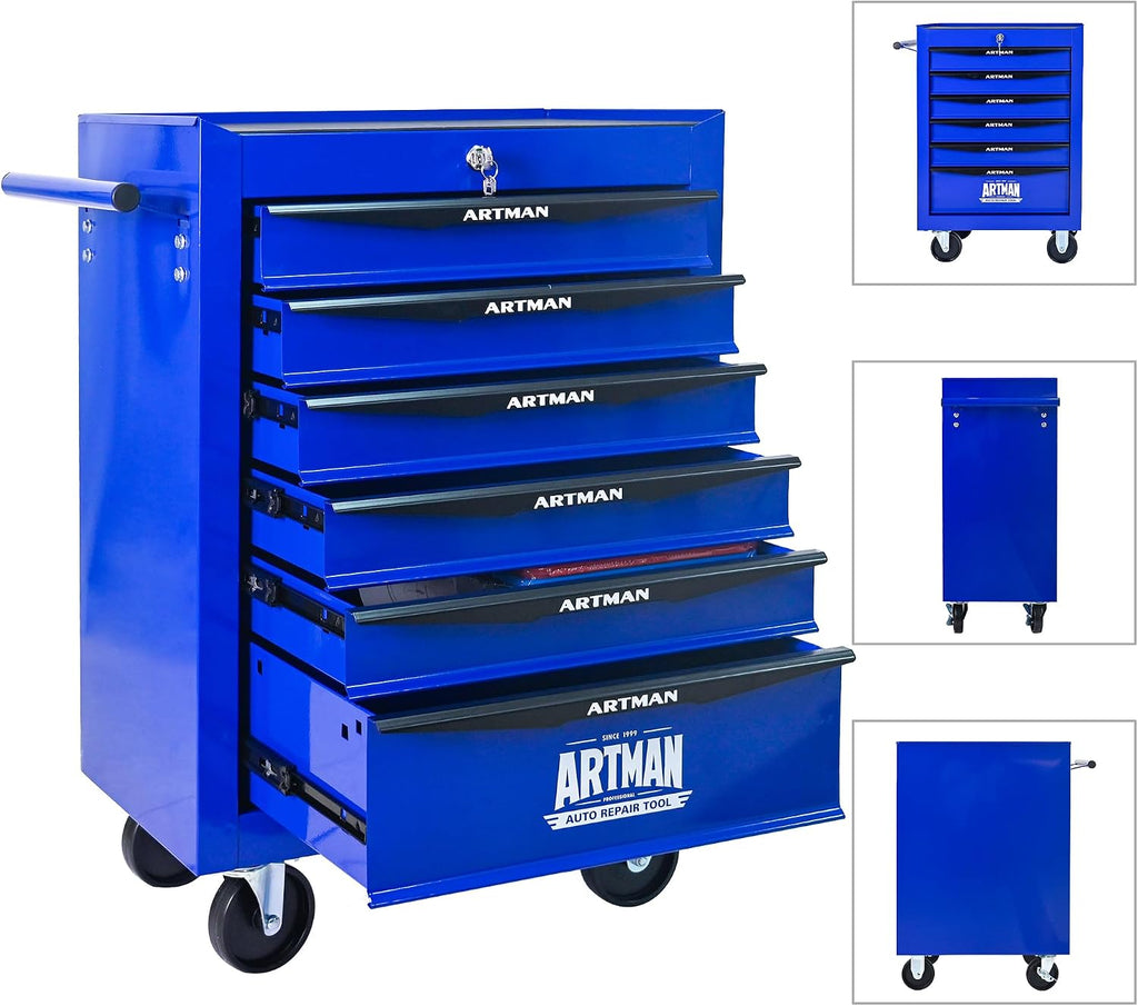 Rolling Tool Box with Wheels, Mechanics Tool Chest with 6 Drawers, Tool Box Organizer with 7 Tool Storage Boxes, Lockable Tool Storage Cabinet for Home Garage Workshop Warehouse Repair Shop, Blue