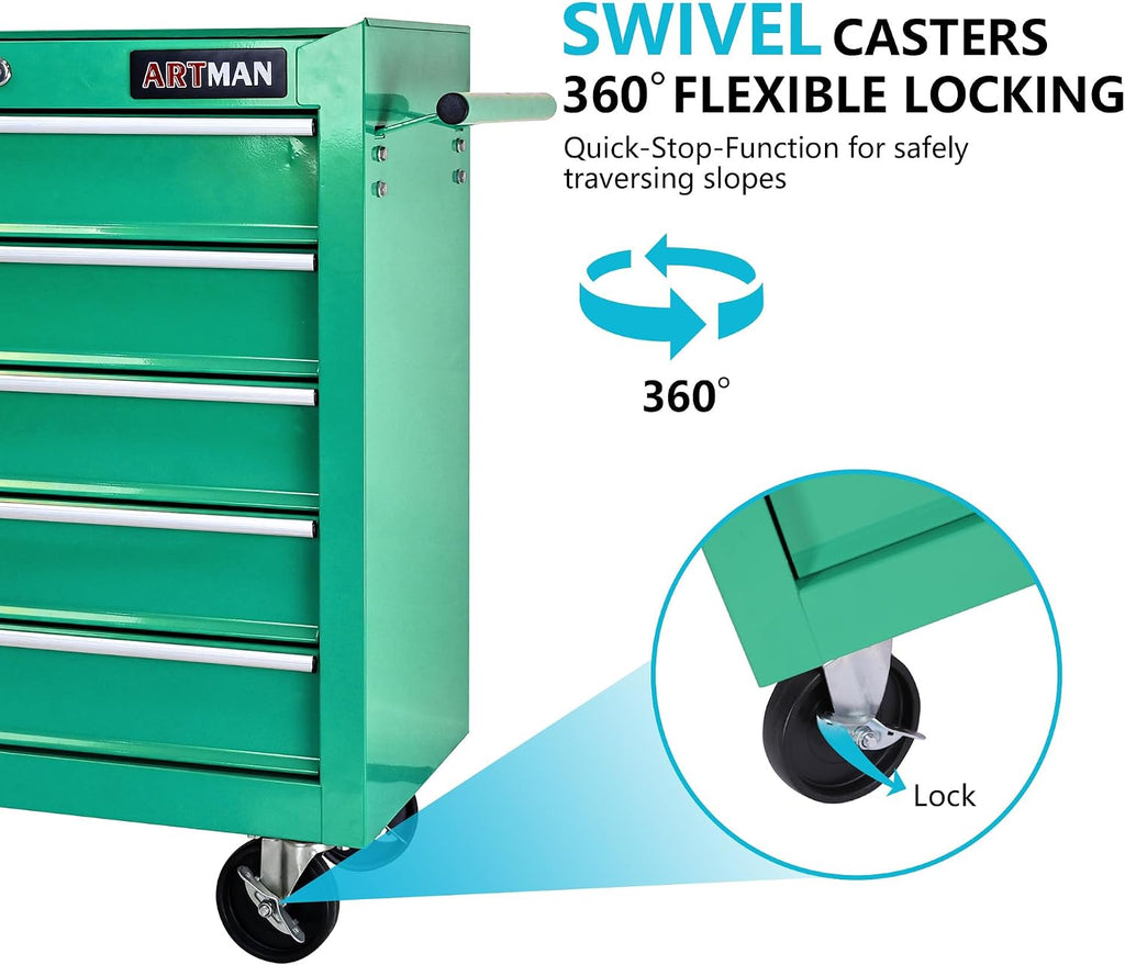 5 Drawers Tool Cart on Wheels, 5 Drawer Rolling Tool Chest with Key Lock, Trolley Organizer Tool Case, Multifunctional Rolling Tool Box for Garage,Warehouse,Workshop,Repair Shop (Green)