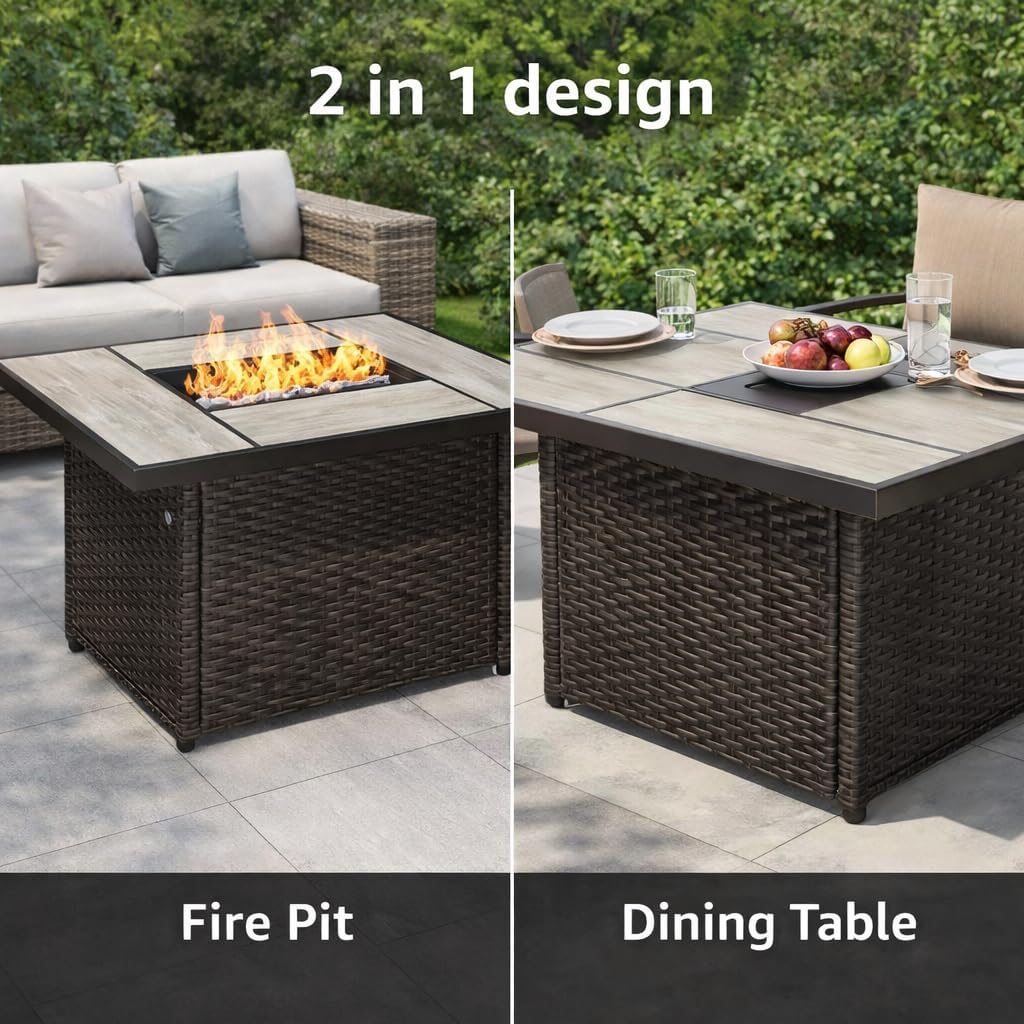 Grand Patio Outdoor 43-Inch CSA Safety Approved Gas Fire Pit Table 60,000 BTU Rectangle Propane Fire Pit with Ceramic Tile Top and Wicker Base