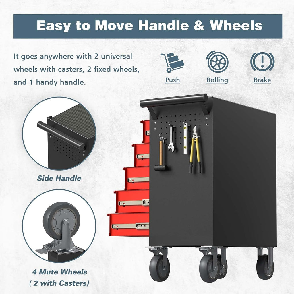 5-Drawer Tool Chest, Rolling Tool Box with Wheels, High Capacity Detachable Mobile Tool Storage Cabinet for Workshop, Garage, Mechanics and Repair Room (BlackRed, 5-Drawer)