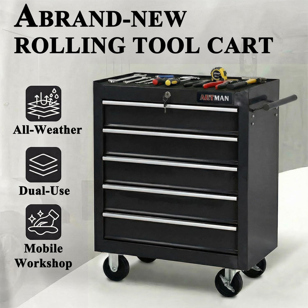 5 Drawers Tool Cart on Wheels, Rolling Tool Chest Tool Storage, Drawers Rolling Tool Trolley Organizer Tool Case for Garage, Warehouse, Workshop, Repair Shop (5 Drawers-Black)