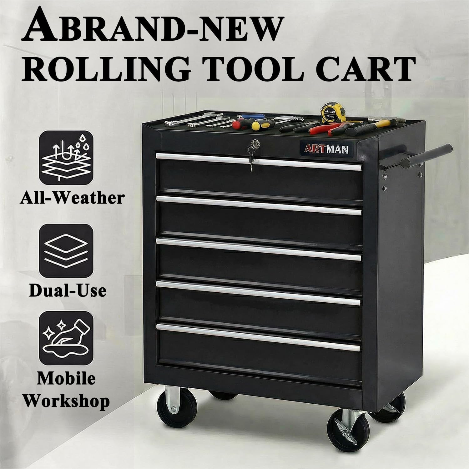 5 Drawers Tool Cart on Wheels, Rolling Tool Chest Tool Storage, Drawers Rolling Tool Trolley Organizer Tool Case for Garage, Warehouse, Workshop, Repair Shop (5 Drawers-Black)