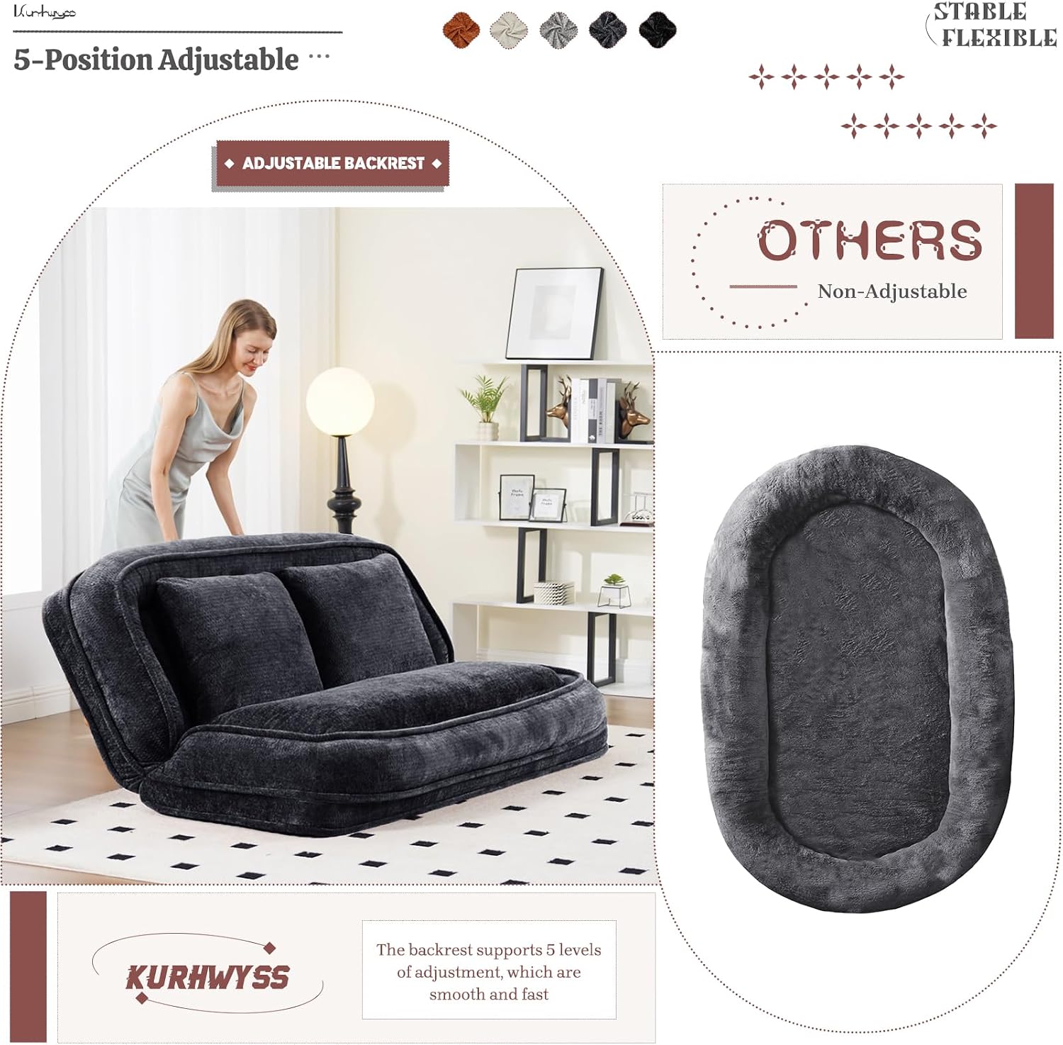 Extra Large Human Dog Bed for Adult & Pets, Convertible Floor Sofa Bed with 5 Adjustable Position, Lazy Couch Giant Bean Bag Lounge Chair Comfy Tatami with 3 Pillows for Bedroom Living Room (Black)