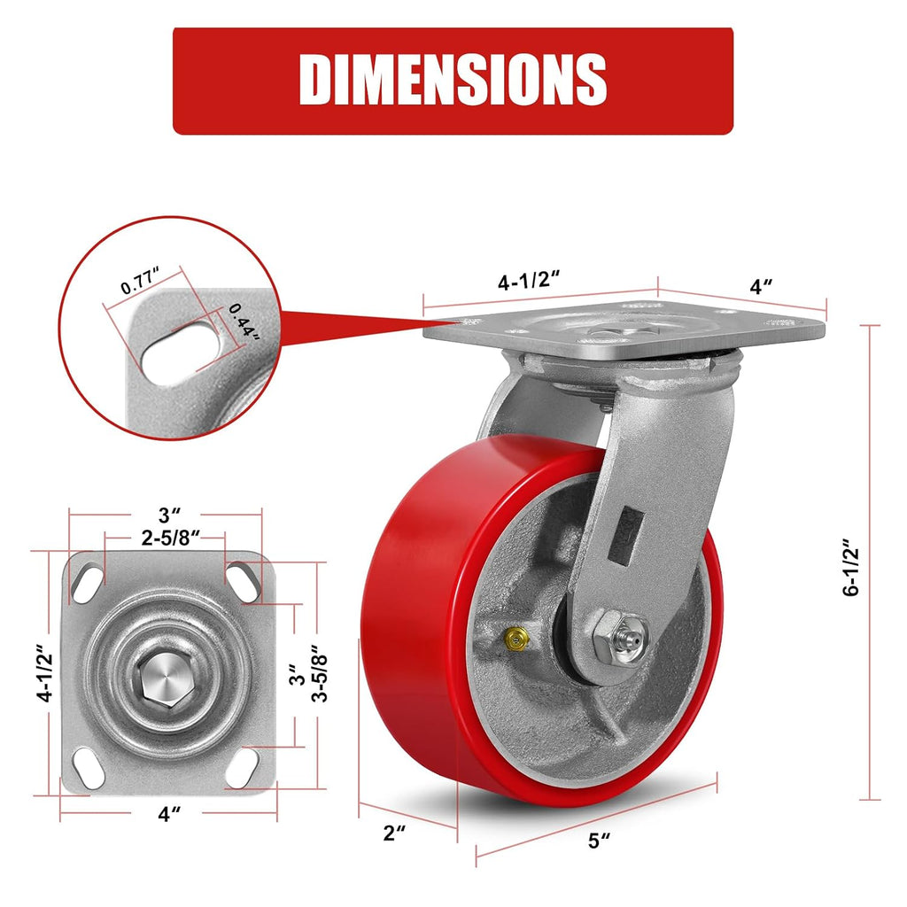 5' X 2' Industrial Plate Swivel Caster Wheels Set of 4 Heavy Duty,Load Capacity 3200lbs, No Noise Polyurethane Wheel on Steel Hub for Toolbox Workbench