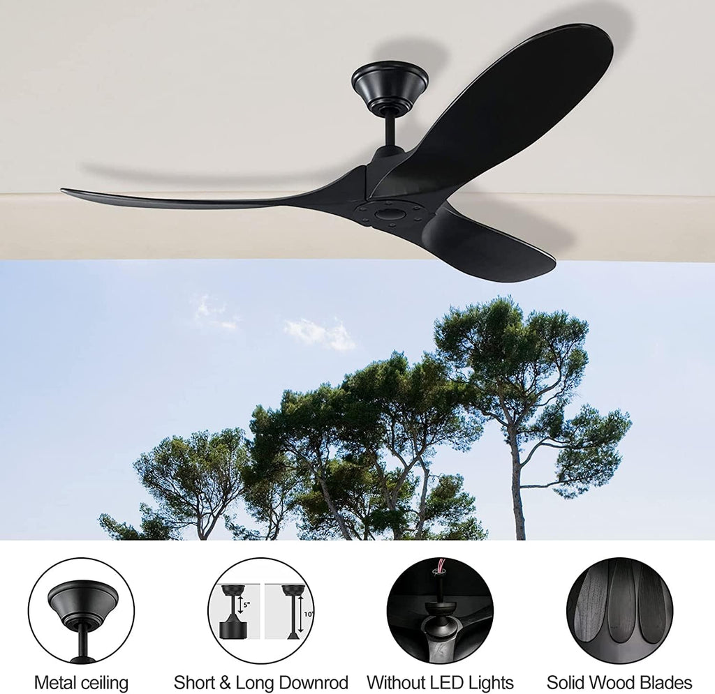 Black Ceiling Fan 52 Inch Outdoor Ceiling Fan for Patios, Modern Wood Ceiling Fan No Light with Remote, 3 Blade Large Airflow Indoor Outdoor Commercial Fan for Exterior House Porch Gazebo